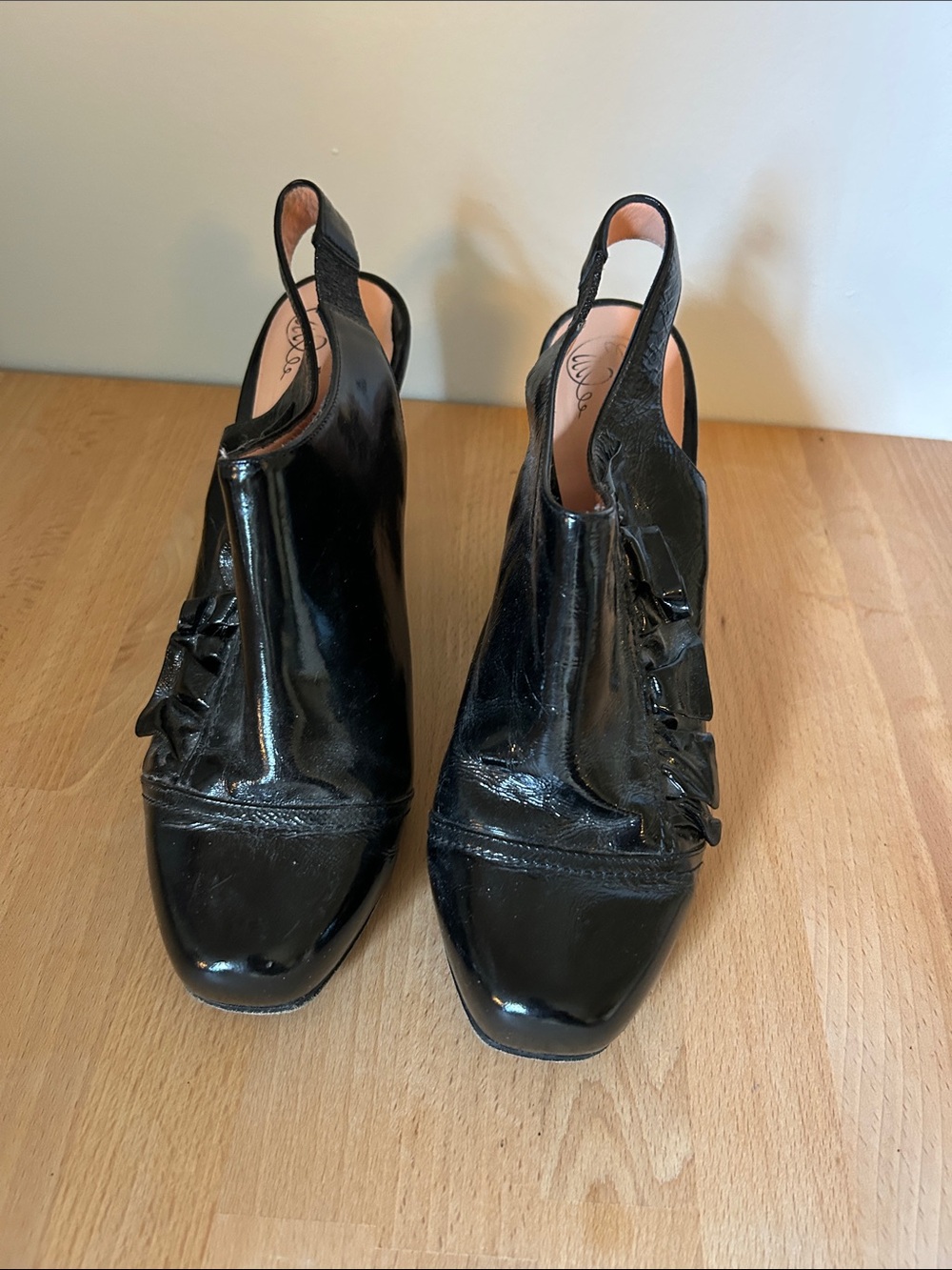 Nanette Lepore Black Patent Slingback Heels with Ruffle Accent